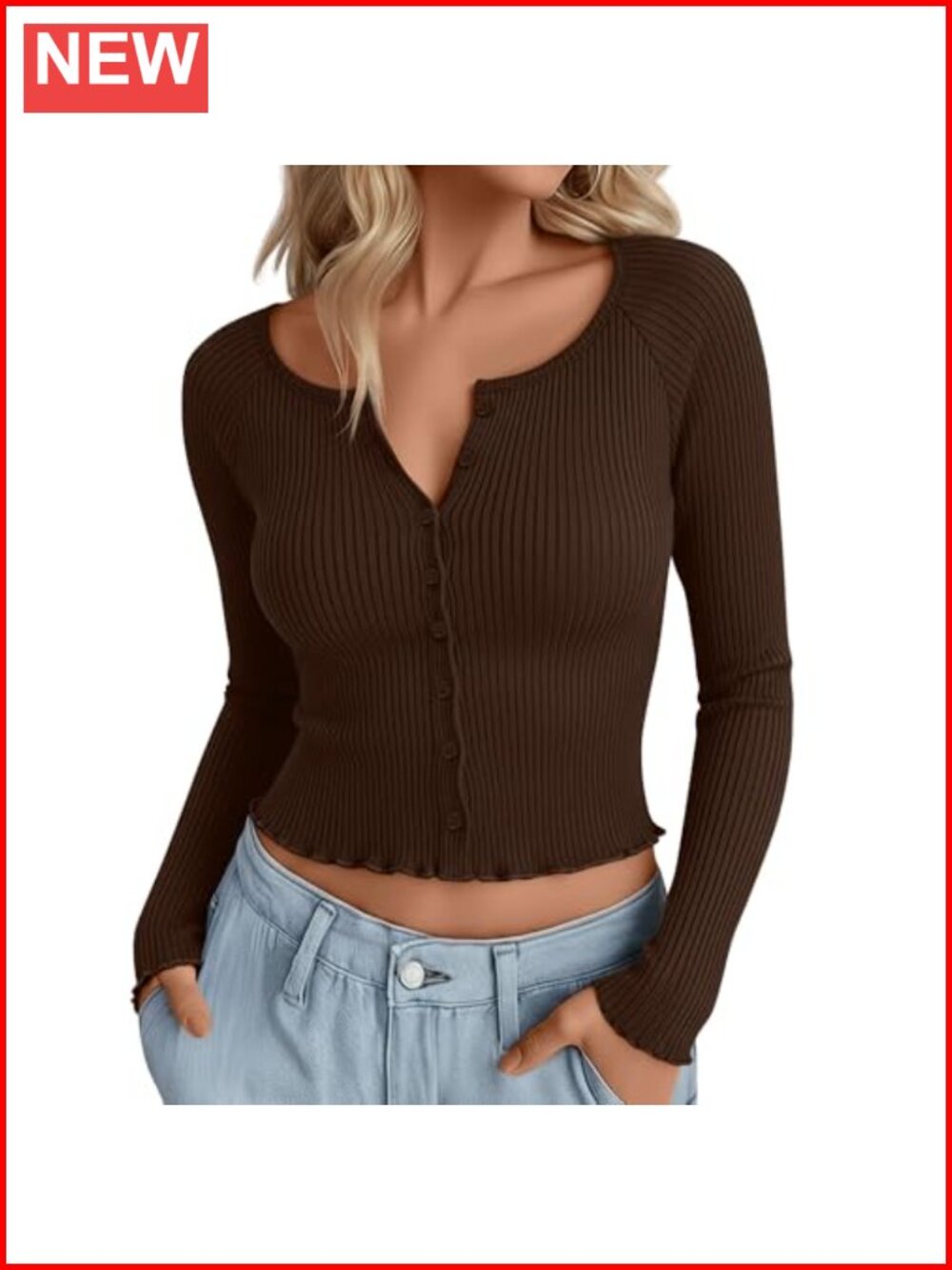 Ribbed Cropped Long Sleeve Button Up Cardigan Lettuce Trim